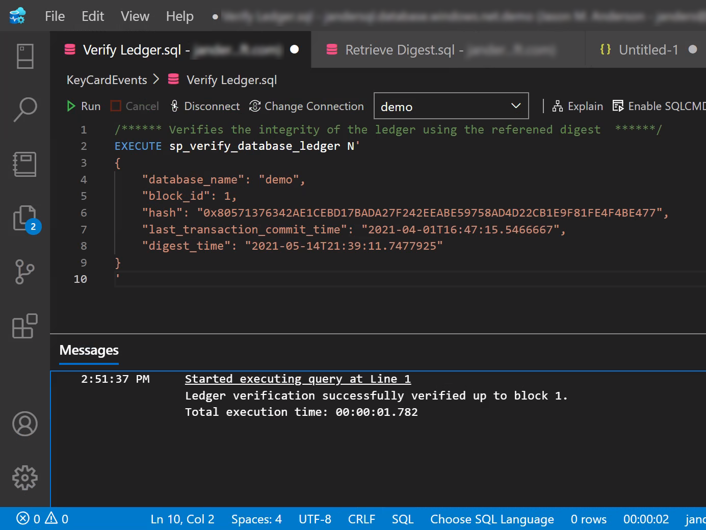 Screenshot, der die Meldung nach dem Ausführen der T-SQL-Abfrage zur Überprüfung des Hauptbuchs mithilfe von Visual Studio Code anzeigt.