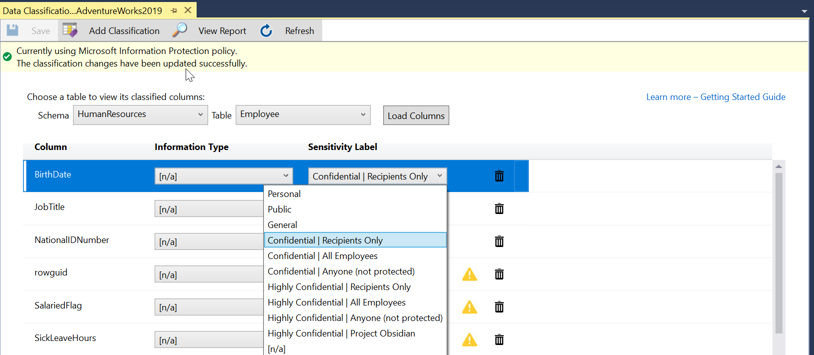 Auswählen von Vertraulichkeitsbezeichnungen für Microsoft Information Protection-Richtlinien in SSMS