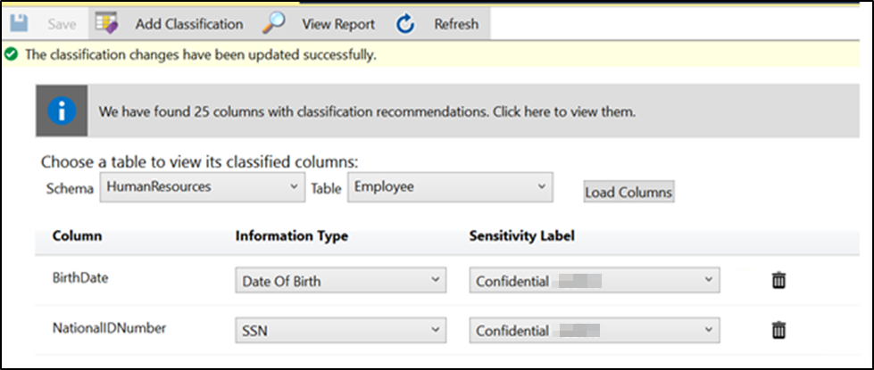 Screenshot der SSMS-Datenklassifizierung beim Laden klassifizierter Spalten.
