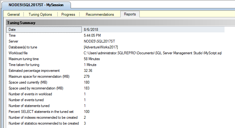 Screenshot der Zusammenfassung der DTA-Optimierung.