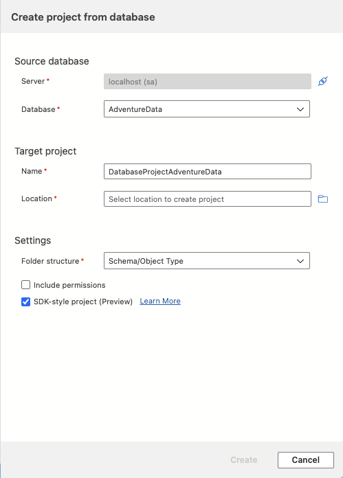 Screenshot des Dialogfelds „Projekt aus Datenbank erstellen“ in Visual Studio Code.