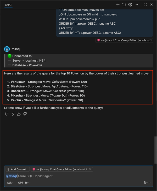 Screenshot zeigt das Ergebnis des Slash-Befehls '/runQuery' für die leistungsstärksten Pokémon.