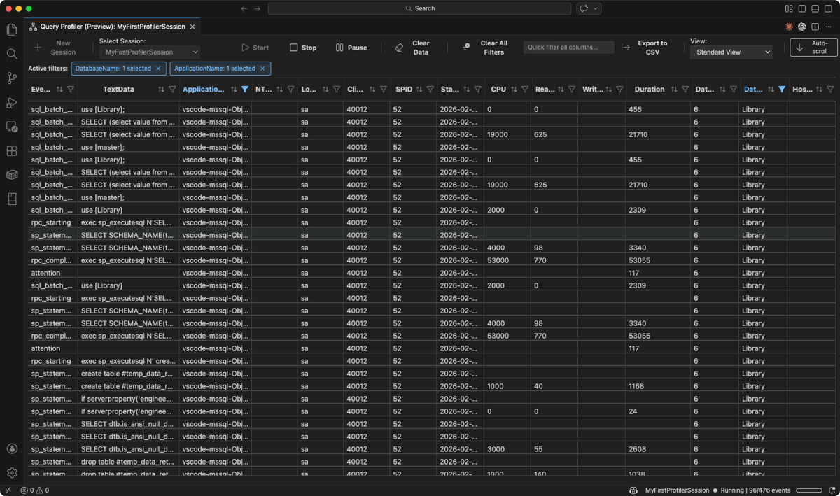 Screenshot der aktiven Filterchips mit angewendeten DatabaseName- und ApplicationName-Filtern.