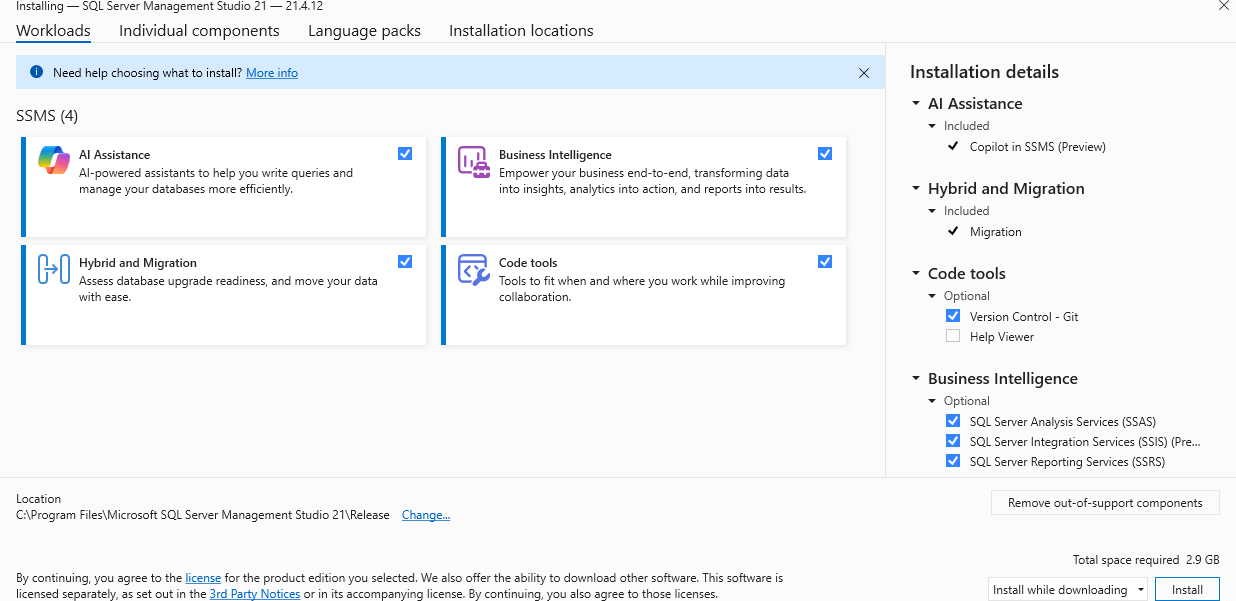 Screenshot des Visual Studio Installer-Fensters mit der Workloadauswahl.