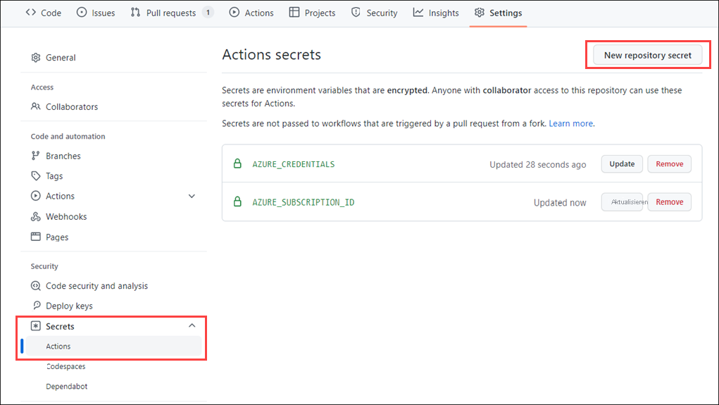 Screenshot der GitHub-Portalschnittstelle zum Erstellen eines geheimen Schlüssels.
