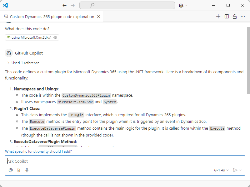 Screenshot mit dem GitHub Copilot-Chat