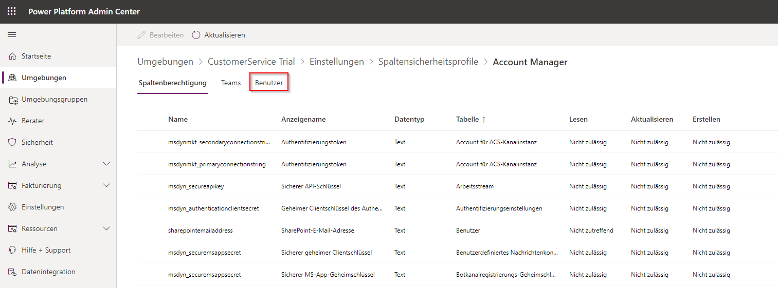 Screenshot des Bildschirms Kundenbetreuer-Sicherheitsprofil mit der hervorgehobenen Benutzer-Registerkarte