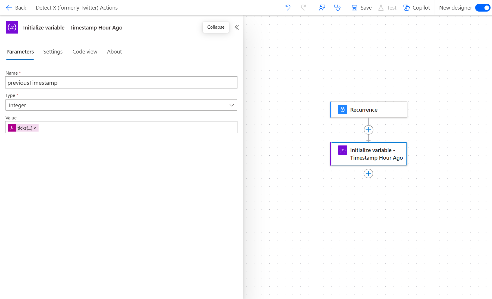 Screenshot der Seite „Meine Flows“ von Power Automate mit der Werteigenschaft der Aktion „Variable initialisieren“ mit hervorgehobener Häkchenformel