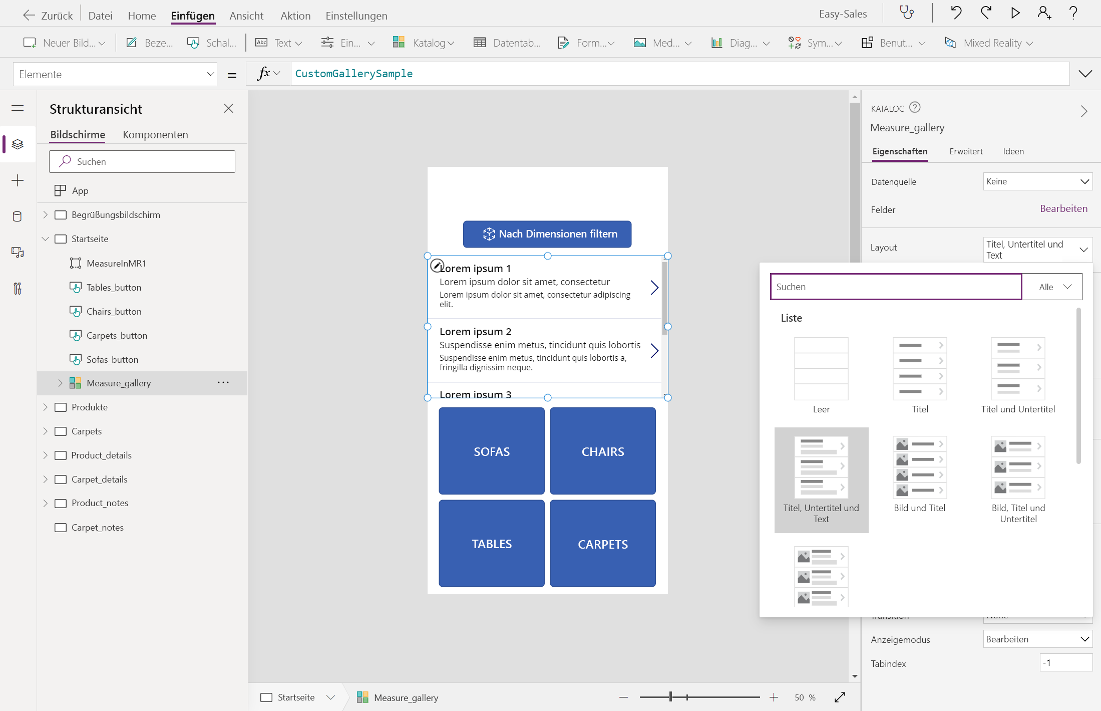 Screenshot zum Konfigurieren des Layouts