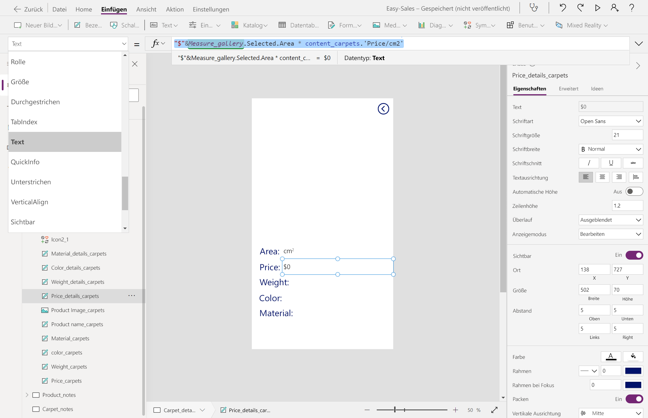 Screenshot der Preisberechnung.