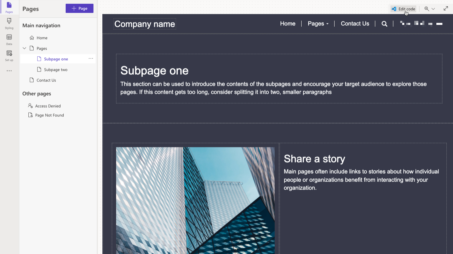 Screenshot mit „Code bearbeiten“ im Power Pages-Designstudio