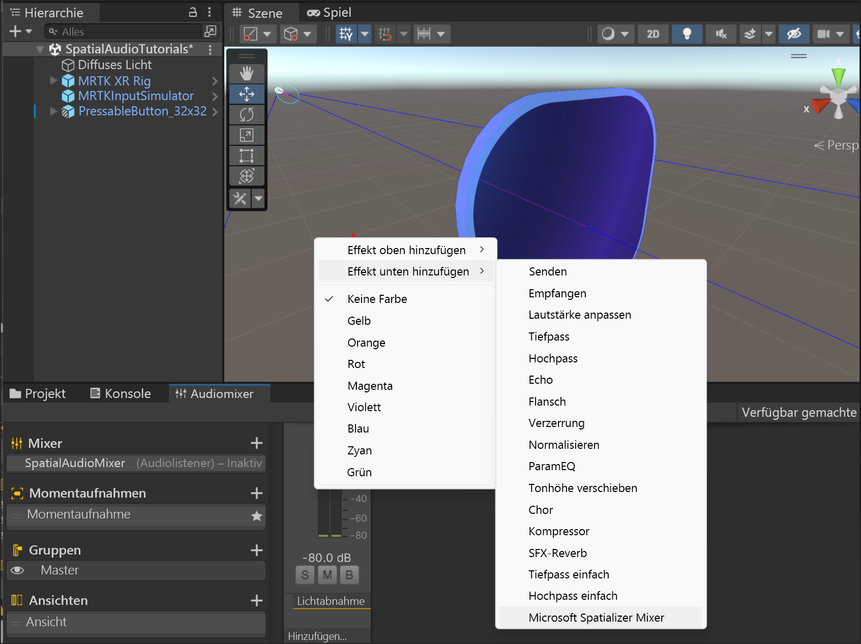 Screenshot des Mixerpanels: Hinzufügen eines Effekts zum ersten Mixer.