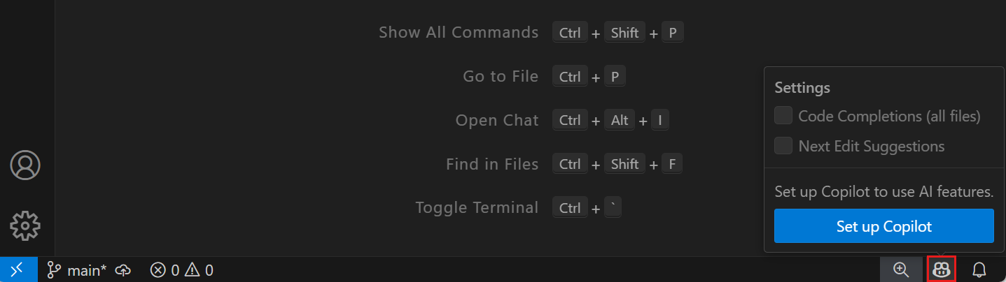Screenshot mit der Schaltfläche GitHub Copilot Einstellungen.