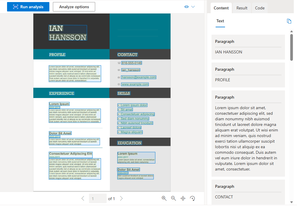 Screenshot von Document Intelligence, das ein Beispieldokument mit extrahierten Feldern und Begrenzungsrahmen analysiert.