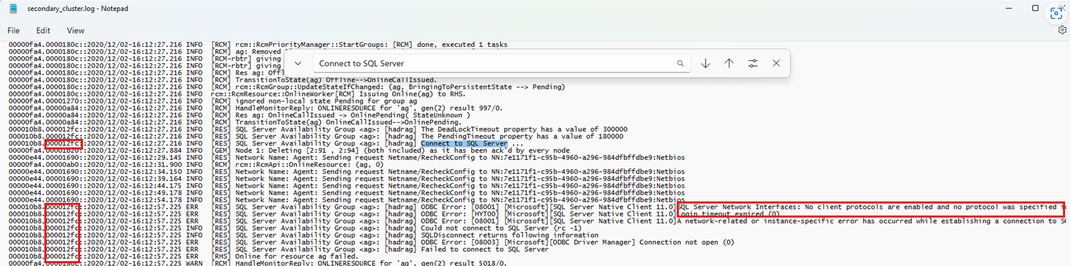 Screenshot des Clusterprotokolls mit der Verbindung mit SQL und der ThreadID.