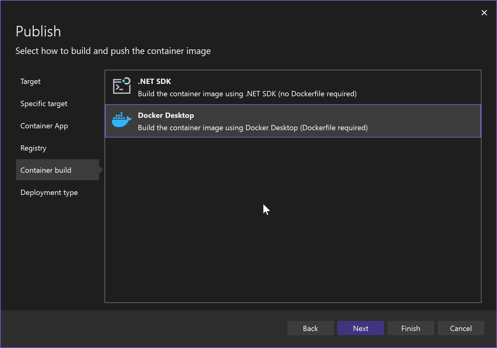 Screenshot der Auswahl des Containerbuildtyps, wobei Docker Desktop ausgewählt ist.