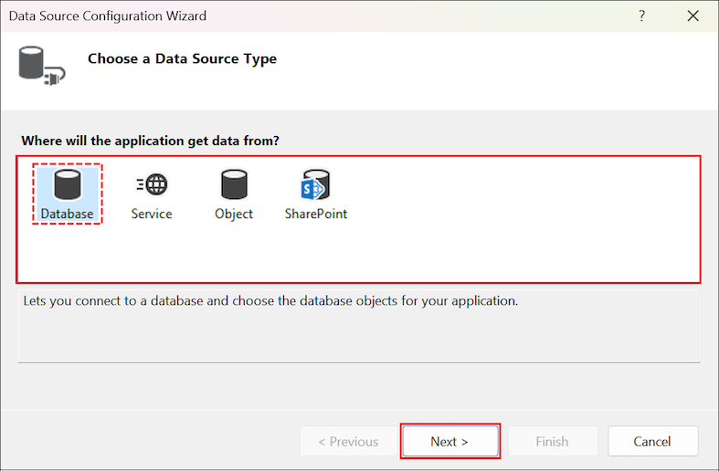 Screenshot des Assistenten für die Datenquellenkonfiguration in Visual Studio.