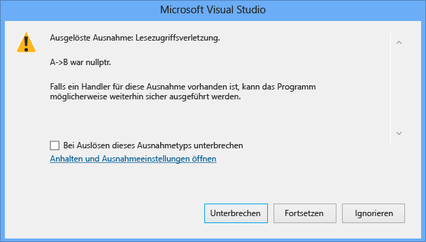 Screenshot eines Microsoft Visual Studio-Ausnahmedialogfelds mit einer Lesezugriffsverletzung für 