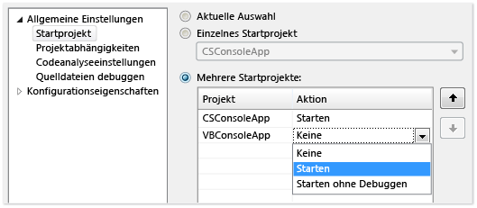 Ändern des Starttyps für ein Projekt