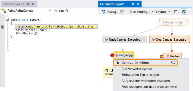 Wechseln Sie zur Codedefinition für eine Methode auf der Codekarte