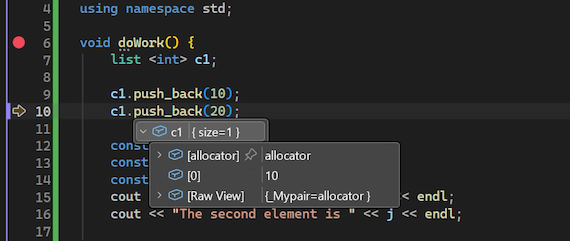 Screenshot zum Anzeigen von Datentipps für Codevariablen im Visual Studio debugger.