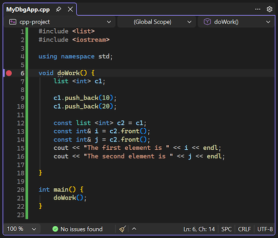 Screenshot, der zeigt, wie Sie im Visual Studio-Debugger einen Haltepunkt festlegen.