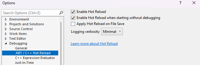 Screenshot der Einstellungen für .NET Hot Reload.