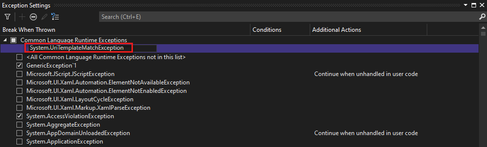 Screenshot des Ausnahmentypnamens.