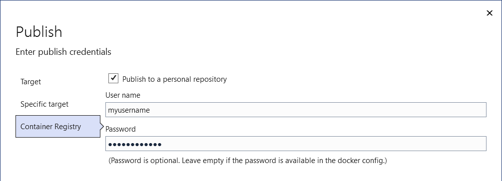 Screenshot mit der Option zum Veröffentlichen auf Docker Hub.
