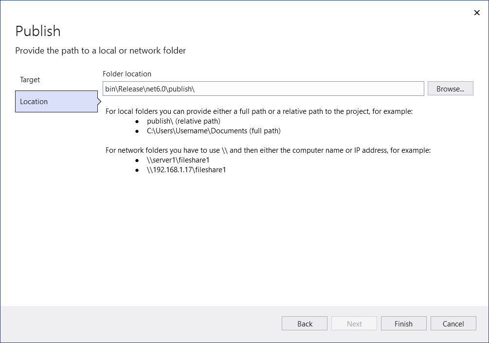 Screenshot: Bildschirm des Veröffentlichungs-Assistenten zum Veröffentlichen in einem Ordner.