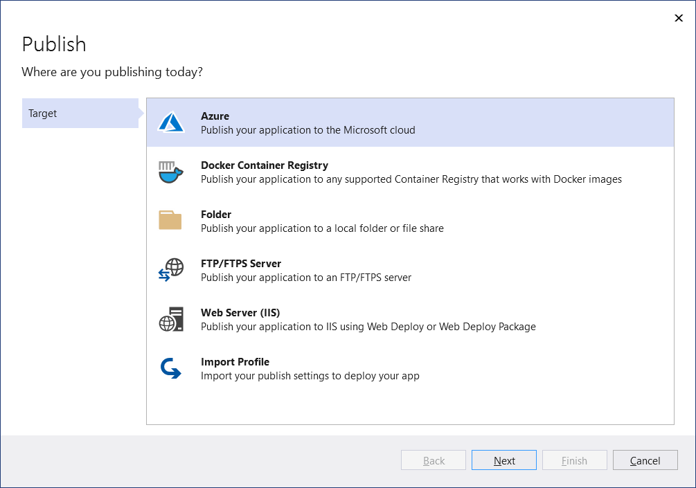 Screenshot: Veröffentlichungs-Assistent, der die verfügbaren Veröffentlichungsziele anzeigt.