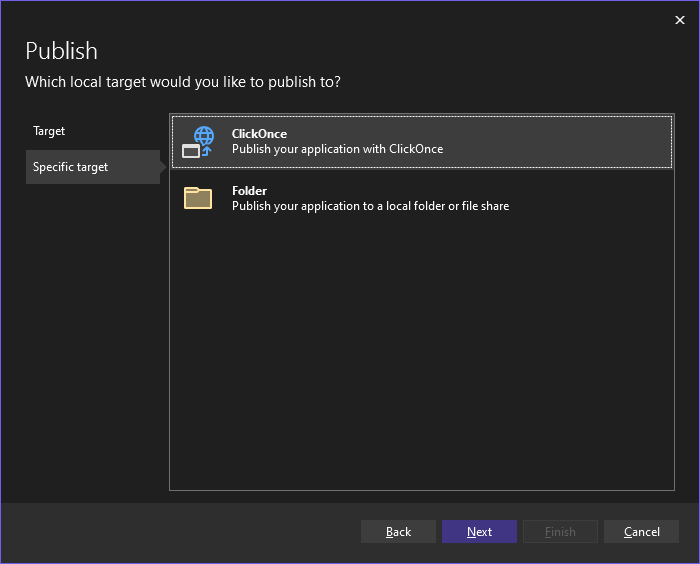Wählen Sie ClickOnce als spezifisches Ziel