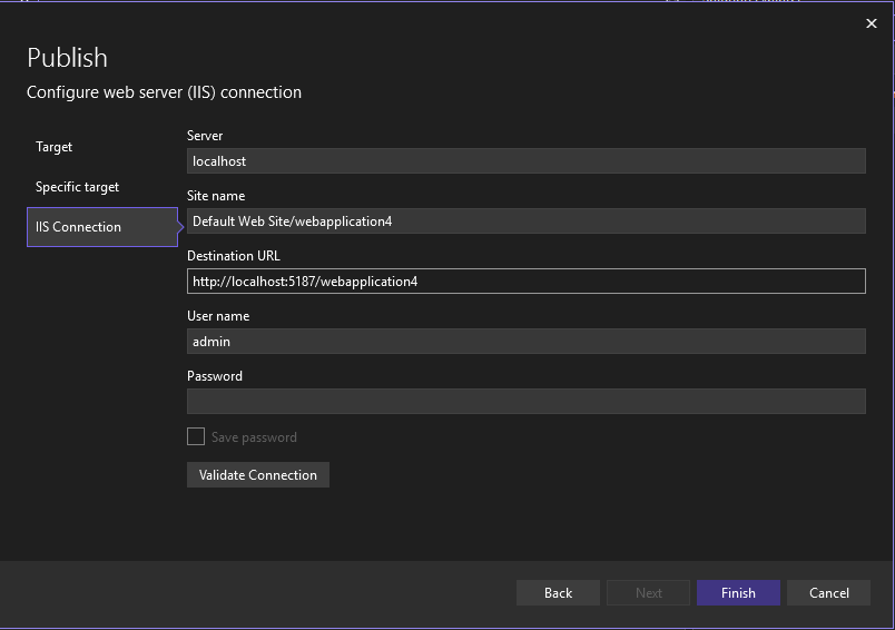 Screenshot: Bildschirm des Veröffentlichungs-Assistenten zum Veröffentlichen in IIS mit der Option „Web Deploy“.