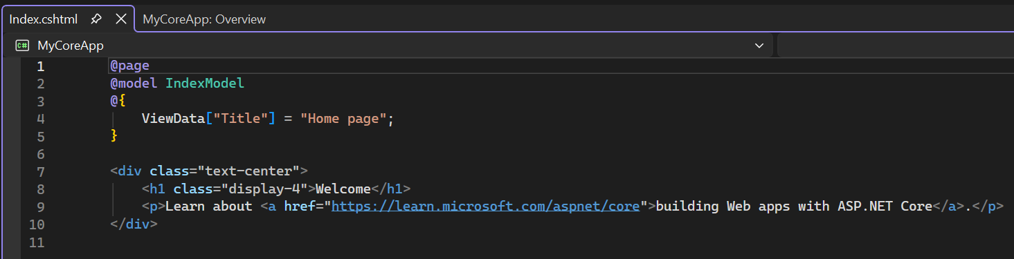 Screenshot zeigt die Im Visual Studio Code-Editor geöffnete Datei Index.cshtml.