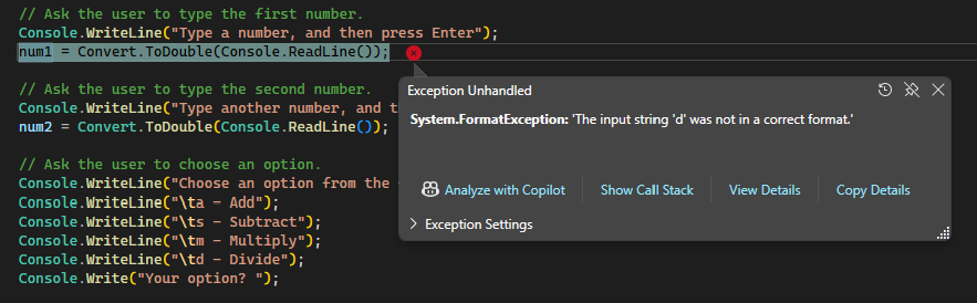 Screenshot, der einen Fehler beim unbehandelten Format im Visual Studio Code-Editor zeigt.