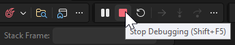 Screenshot zeigt die Debugsymbolleiste, auf der Sie die App beenden können.