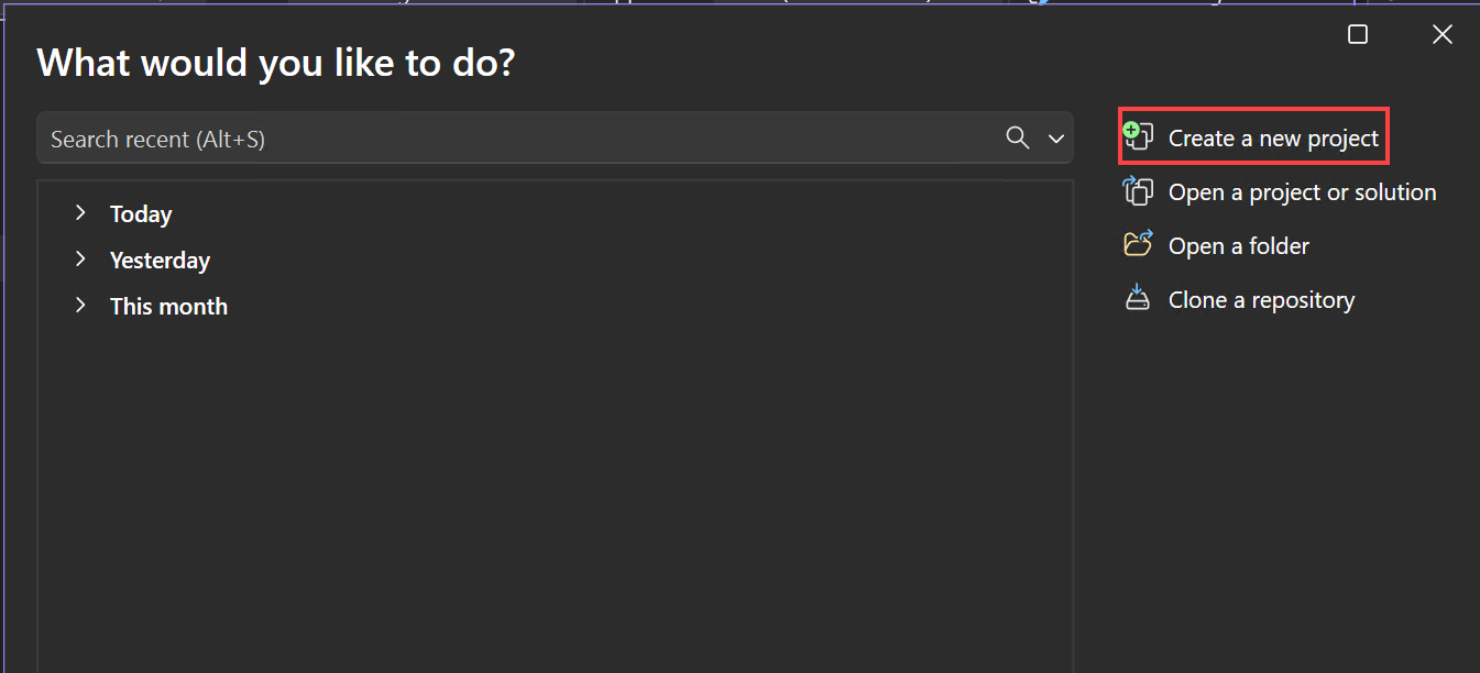 Screenshot des Startfensters in Visual Studio mit hervorgehobener Option 