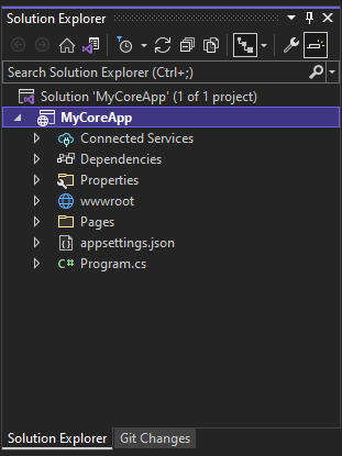 Screenshot zeigt das ausgewählte MyCoreApp-Projekt und dessen Inhalt im Projektmappen-Explorer in Visual Studio.