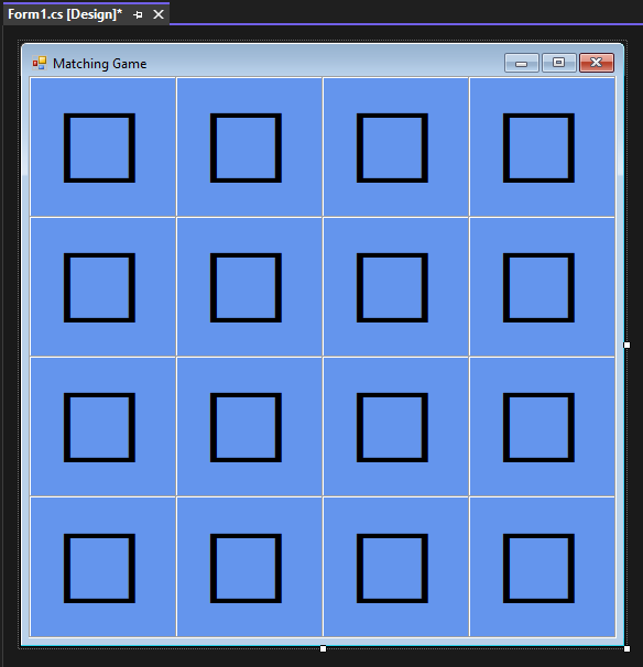 Screenshot des passenden Spielformulars mit 16 schwarzen Quadraten.
