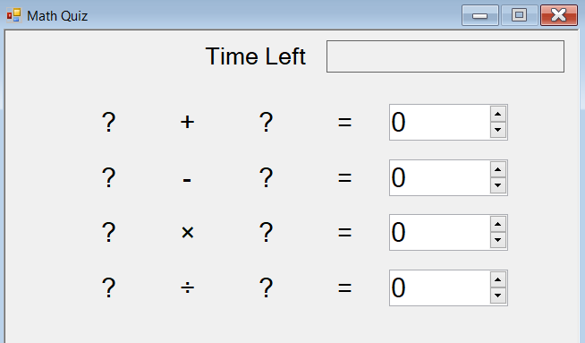 Screenshot, der ein mathematisches Quiz mit vier Problemzeilen mit Beschriftungen und Steuerelementen mit sichtbaren Pfeiltasten zeigt.