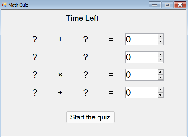 Screenshot mit einem mathematischen Quiz mit vier Problemzeilen und einer Startschaltfläche.