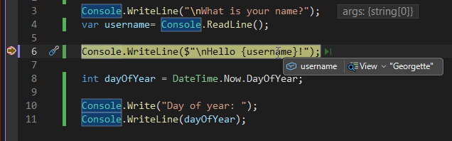 Screenshot, der einen Variablenwert während des Debuggens in Visual Studio anzeigt.