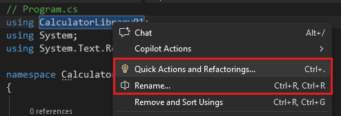 Screenshot, der das Refactoring in Visual Studio anzeigt.