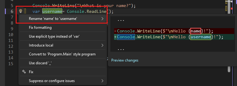 Screenshot, der die Umbenennen-Aktion in Visual Studio anzeigt.