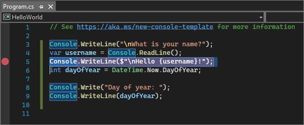 Screenshot mit einem Haltepunkt in einer Codezeile in Visual Studio 2022.