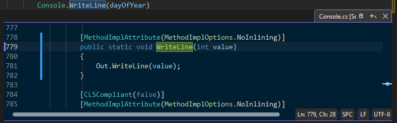 Screenshot, der die Peek-Definition in Visual Studio zeigt.