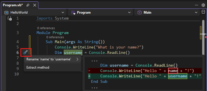 Screenshot, der die Umbenennen-Aktion in Visual Studio anzeigt.