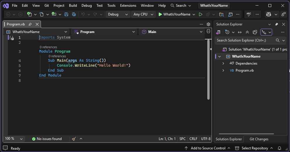 Screenshot mit dem Standardcode 