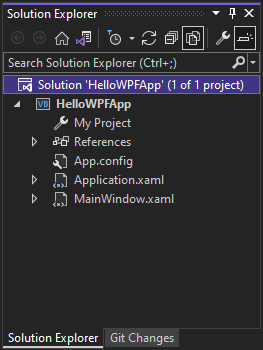 Screenshot, der die Dateien des HelloWPFApp-Projekts und der Lösung im Projektmappen-Explorer in Visual Studio 2022 zeigt.