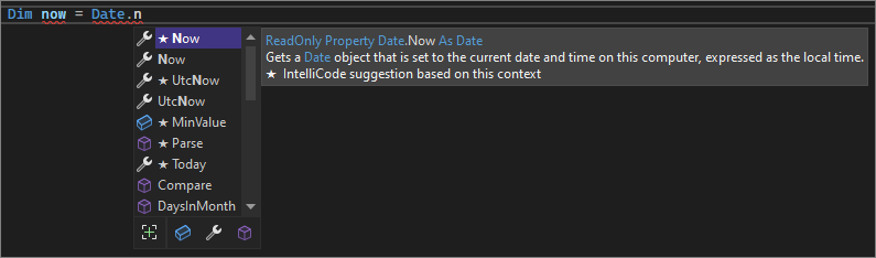 Screenshot mit IntelliSense-Listenmitgliedern in Visual Studio 2022.